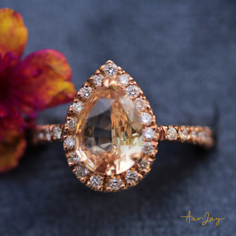 Exceptional Peach Sapphire Ring, 3.00 Cts Unheated Peach Sapphire 14Kt Rose Gold  Ring, Pear Cut Peach Sapphire Engagement Ring by AarJay - CeylonFineGemsCo